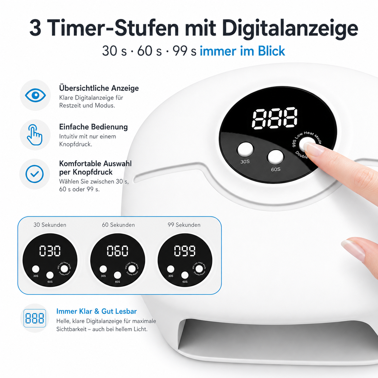 Weißes Nagelgerät mit digitalem Timer, Display und Bedienungsanleitung auf Deutsch.
