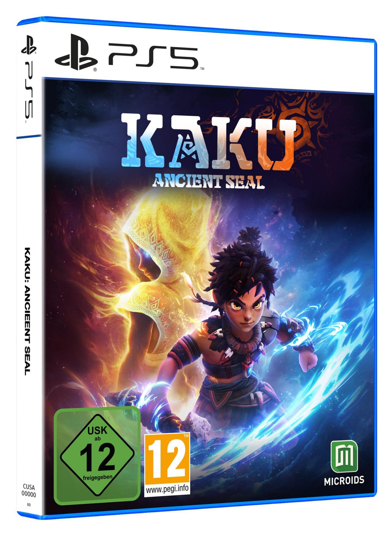 PS5-Spielhülle für Kaku: Ancient Seal mit einer fantasievollen Figur vor blauem und gelbem Hintergrund.
