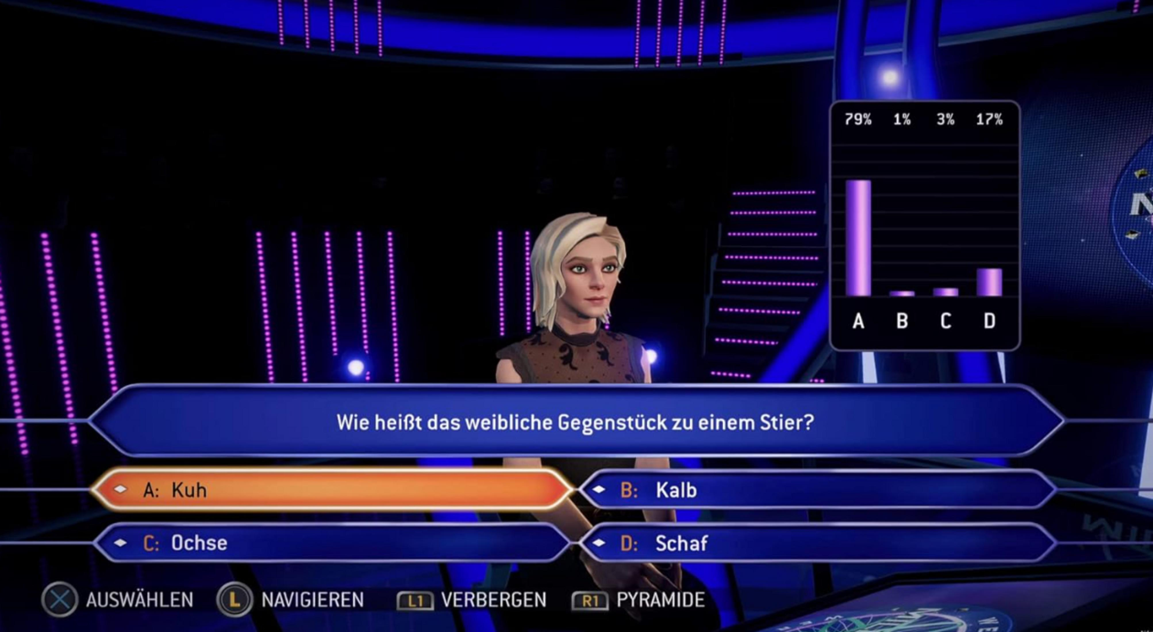 Quizshow-Bildschirm mit einer blonden Moderatorin, einer Frage und vier Antwortmöglichkeiten sowie einer Statistik.