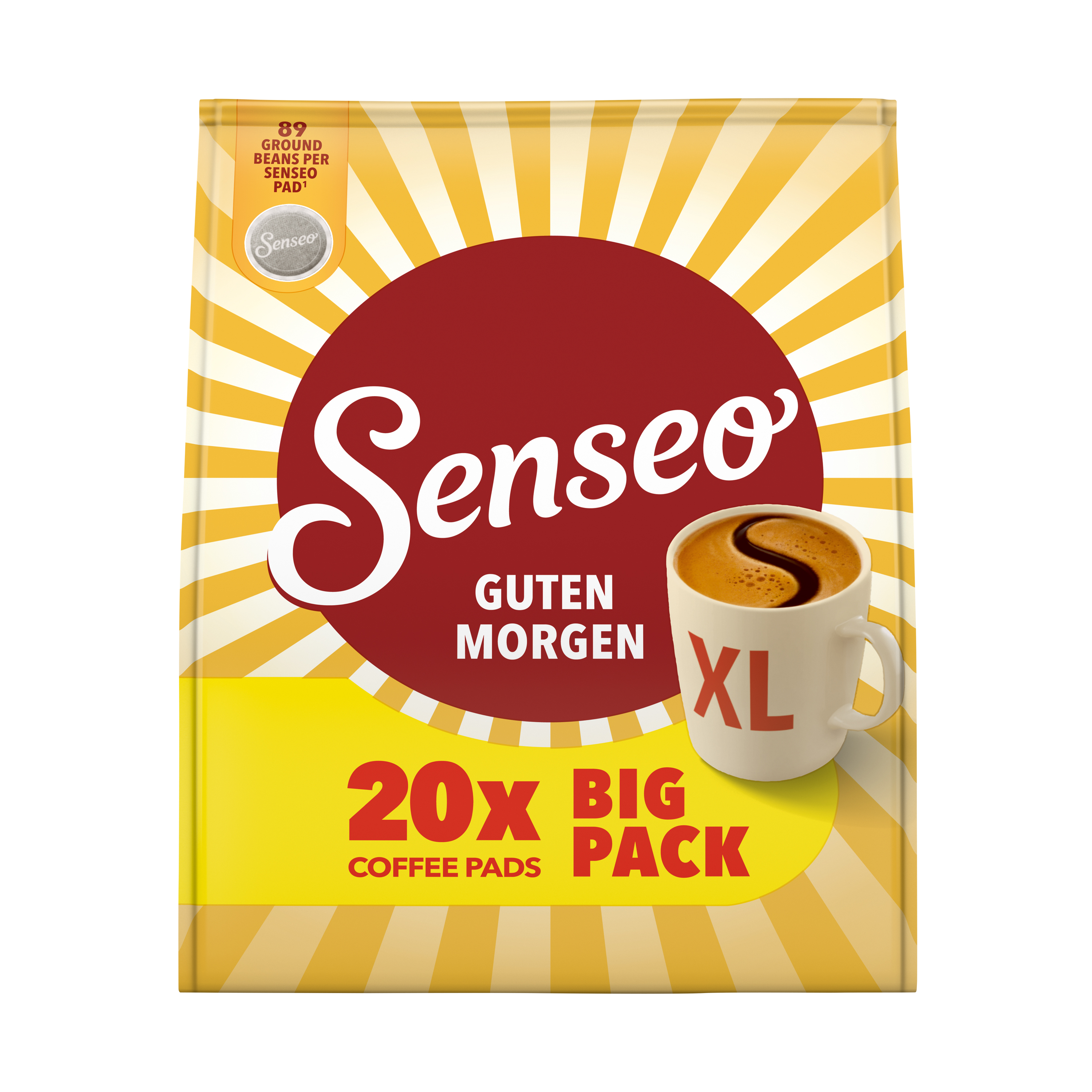 Senseo Guten Morgen XL Kaffeepad-Verpackung, 20 große Pads auf gelbem Hintergrund mit Kaffeetasse.