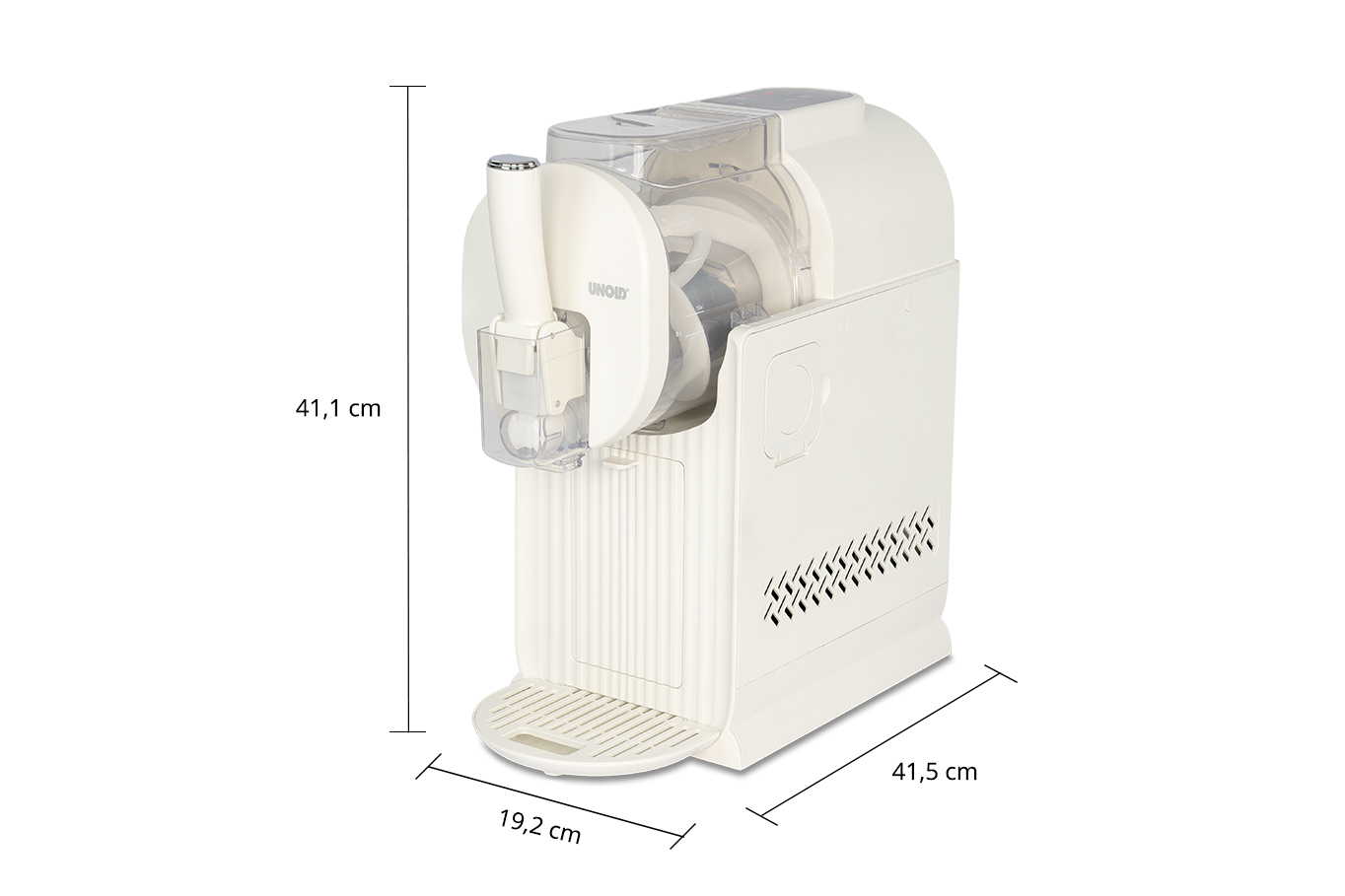 Gelatiera Unold bianca con dimensioni 41,1 cm di altezza, 19,2 cm di larghezza e 41,5 cm di profondità.