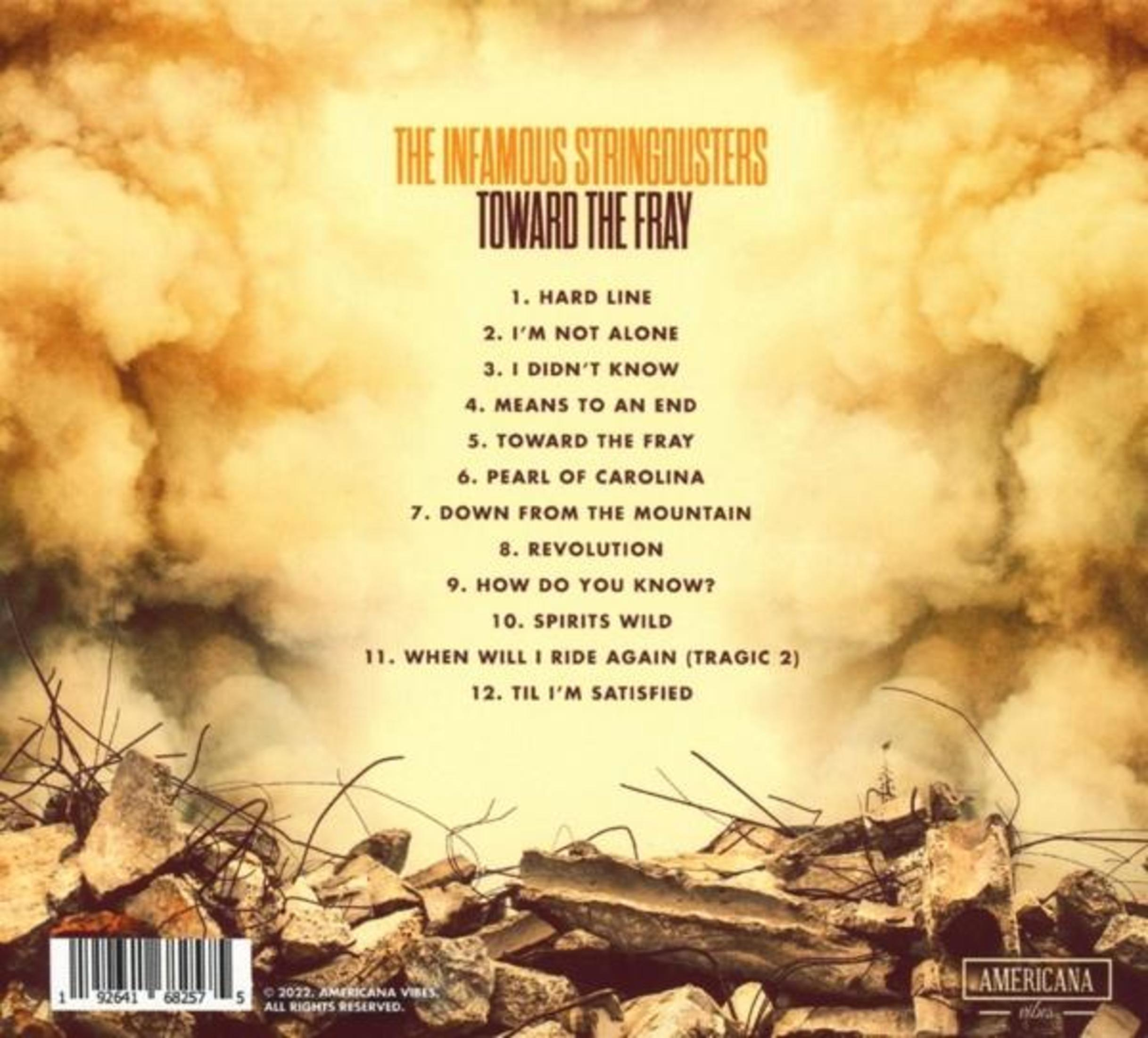 Albumcover mit Rauch und Trümmern, das die Tracklist von The Infamous Stringdusters zeigt.