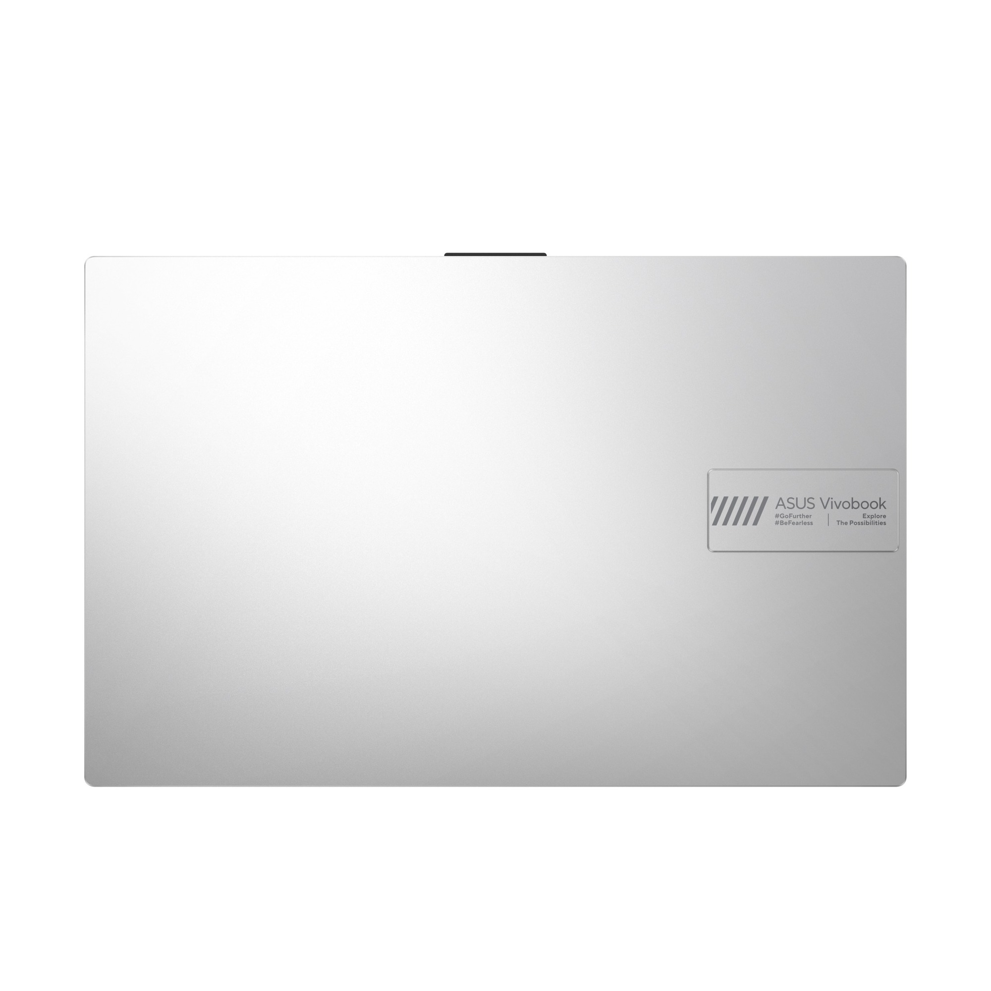 Beyaz arka planda logolu kapalı gümüş renkli ASUS Vivobook dizüstü bilgisayar.
