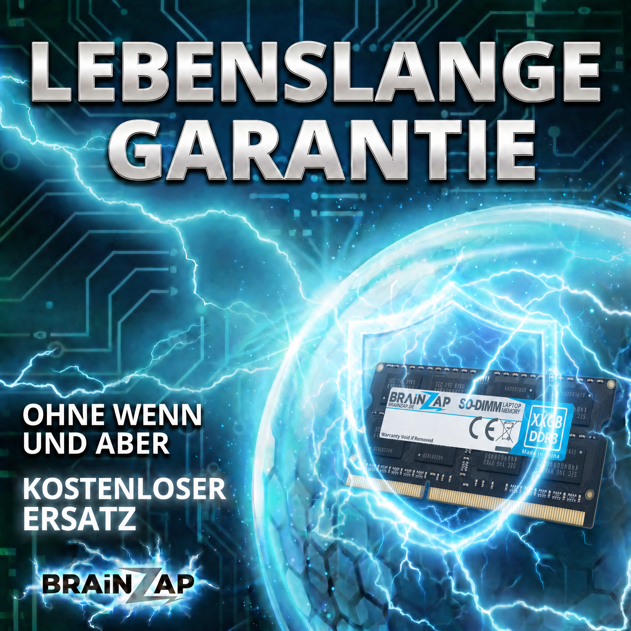 Ein RAM-Modul geschützt von einer elektrischen Barriere mit dem Text Lebenslange Garantie.