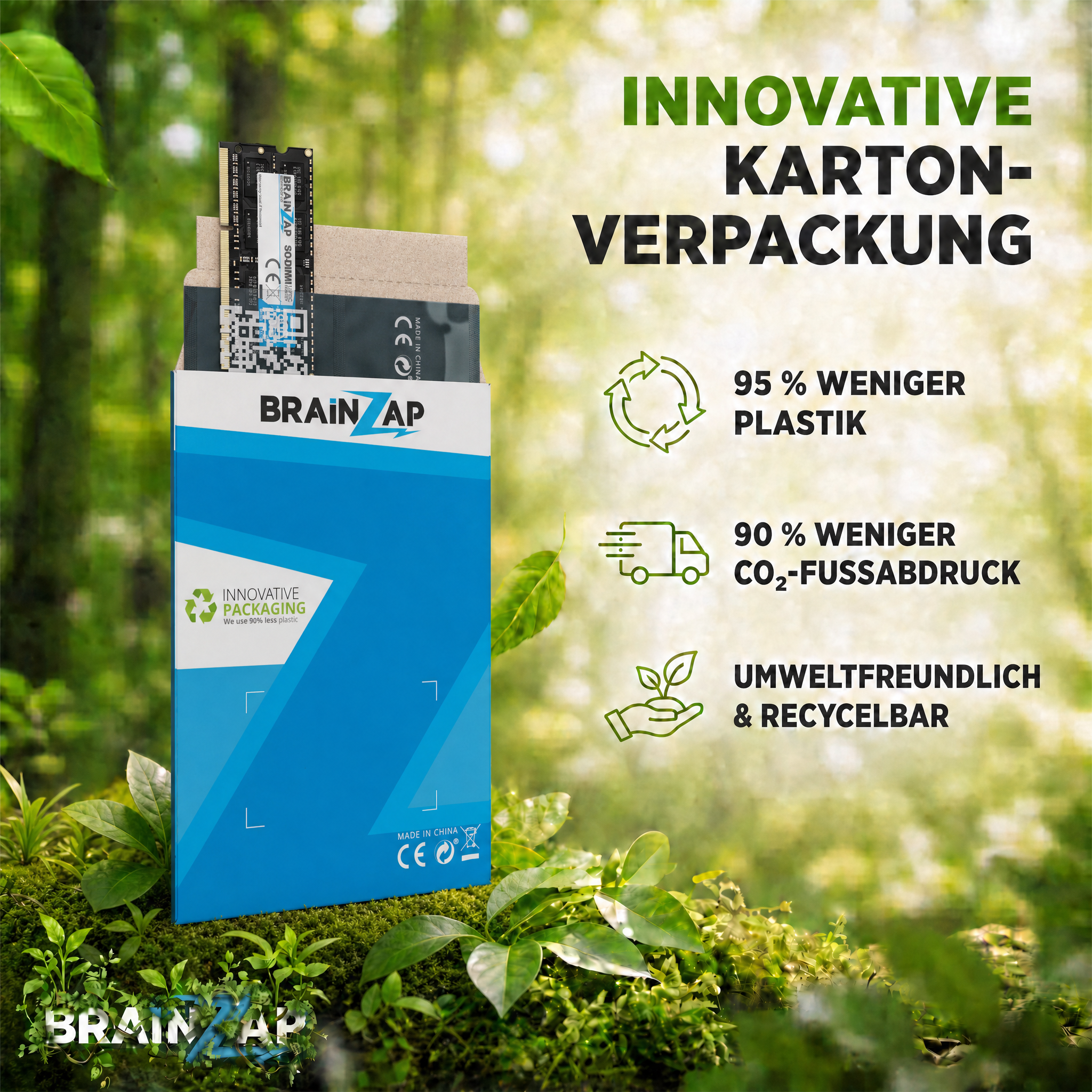 BrainzAp RAM-Verpackung im Wald mit deutschem Text zu umweltfreundlichen Funktionen.