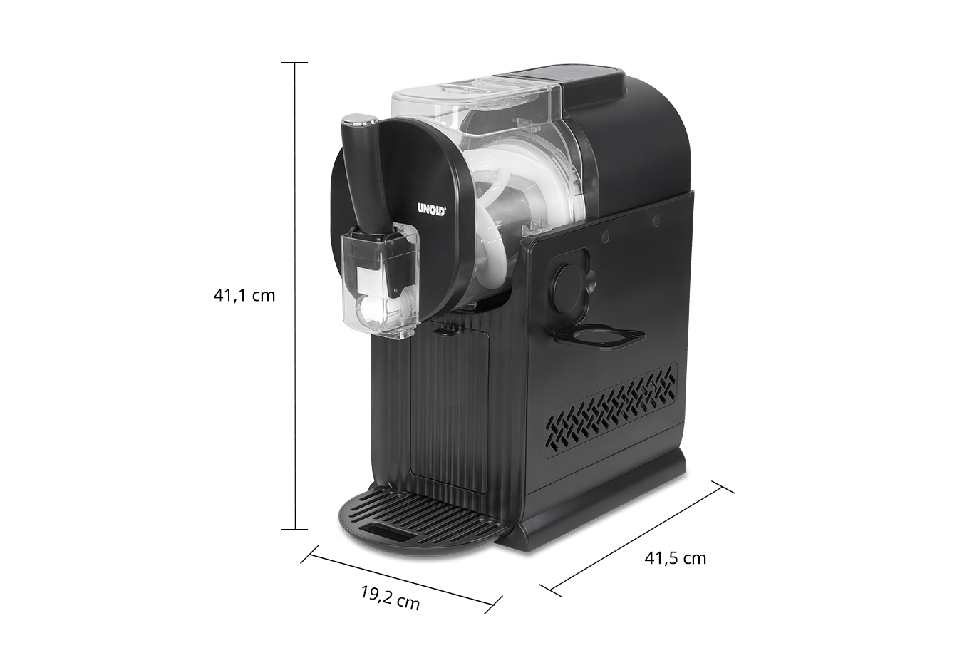 Schwarze Unold Eismaschine mit Maßen: Höhe 41,1 cm, Breite 19,2 cm, Tiefe 41,5 cm.