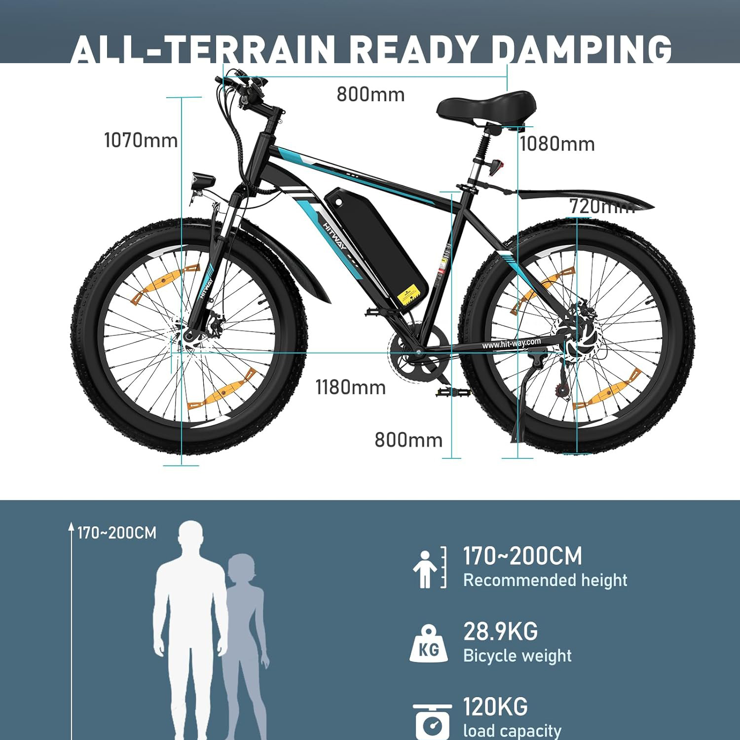 Diagrama de una bicicleta eléctrica negra con detalles azules, dimensiones y especificaciones como peso y altura recomendada.