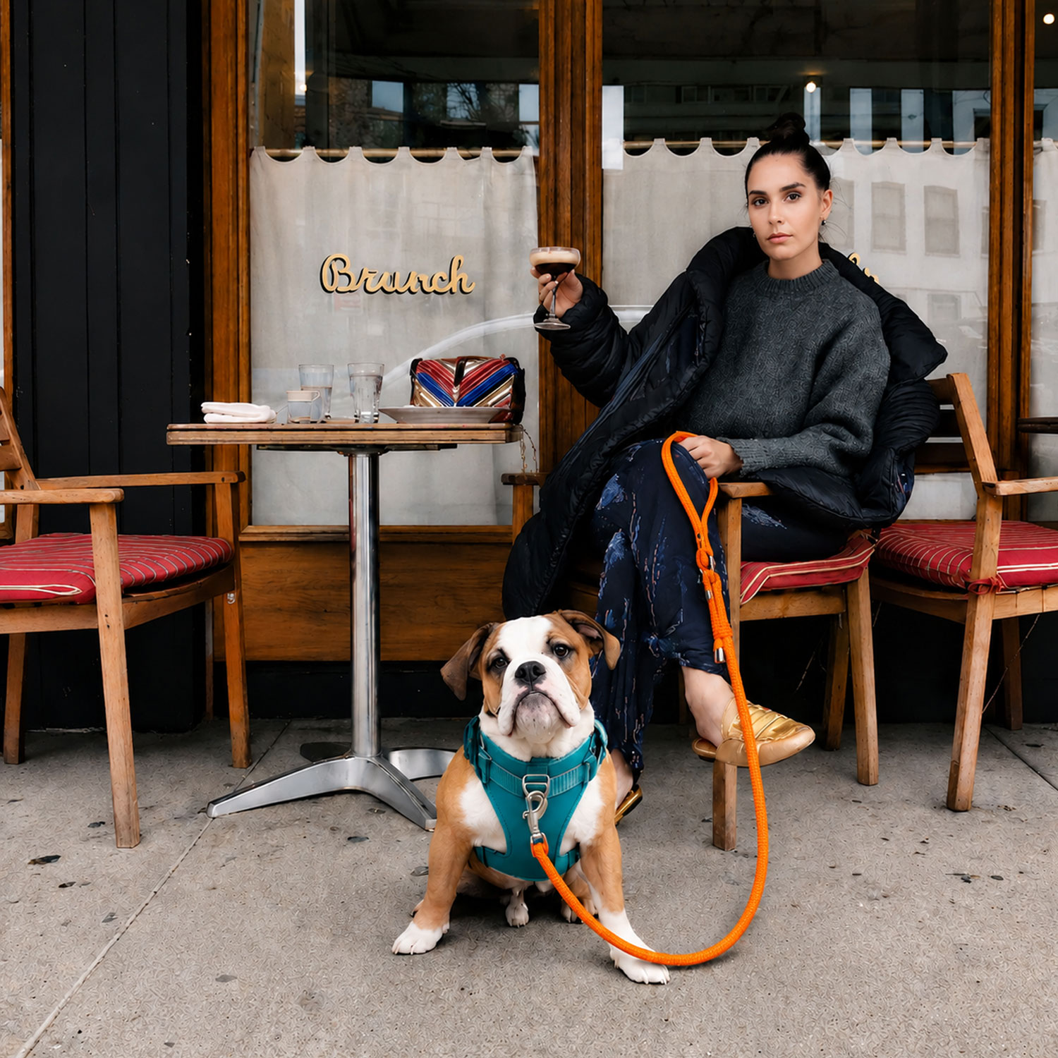 Una mujer con un cóctel se sienta en una cafetería al aire libre con un bulldog en primer plano.