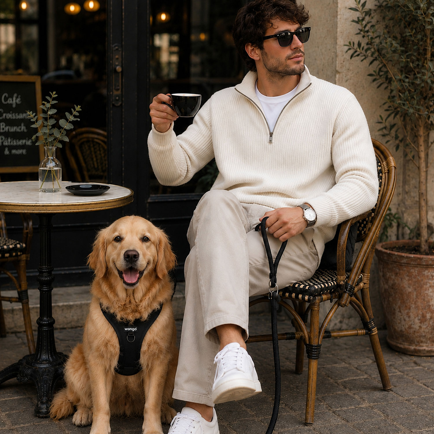 Un hombre con gafas de sol está sentado en un café con un perro, sosteniendo café.