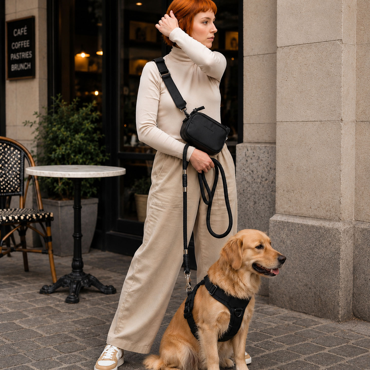 Una mujer pelirroja con ropa beige está de pie con su Golden Retriever frente a un café.