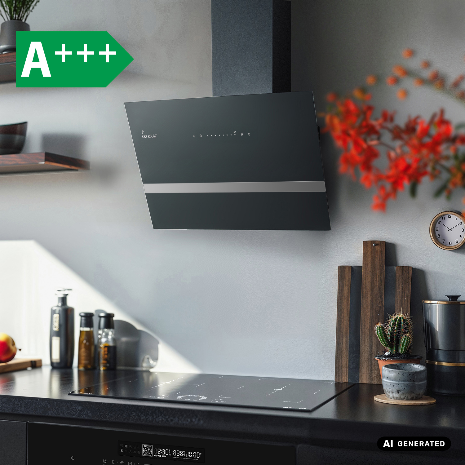 Moderne Küche mit schwarzer Dunstabzugshaube, Induktionskochfeld und einem grünen A+++ Energieeffizienz-Label.
