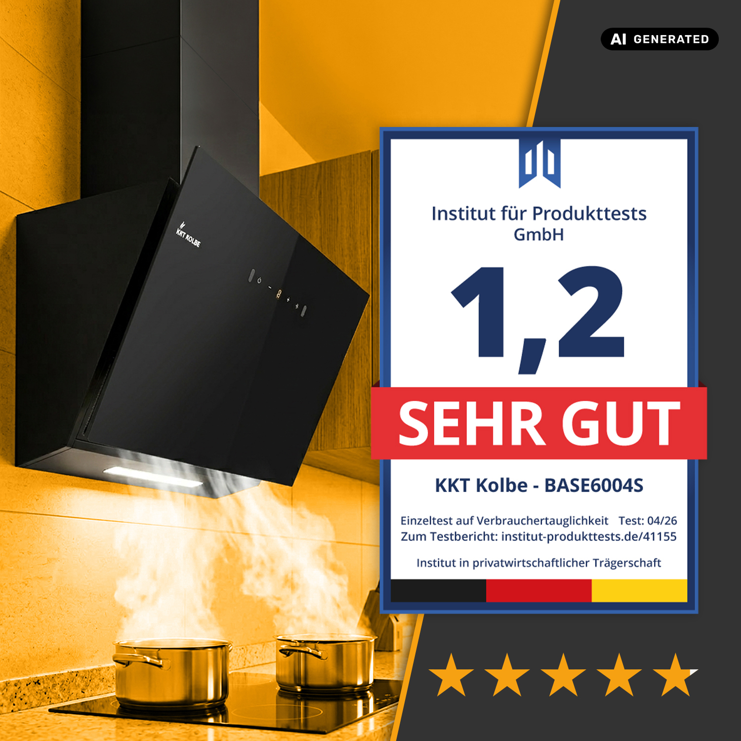 Schwarze Dunstabzugshaube über Kochtöpfen und Testergebnis mit Note sehr gut.
