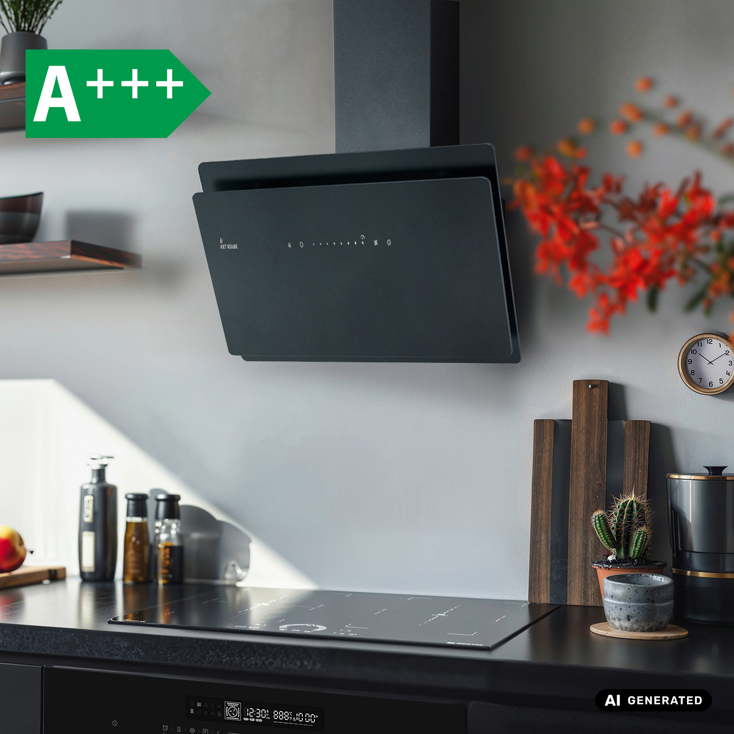 Moderne schwarze Dunstabzugshaube über Kochfeld in einer Küche mit Holzbett, Kaktus und A+++ Energieeffizienzlabel.