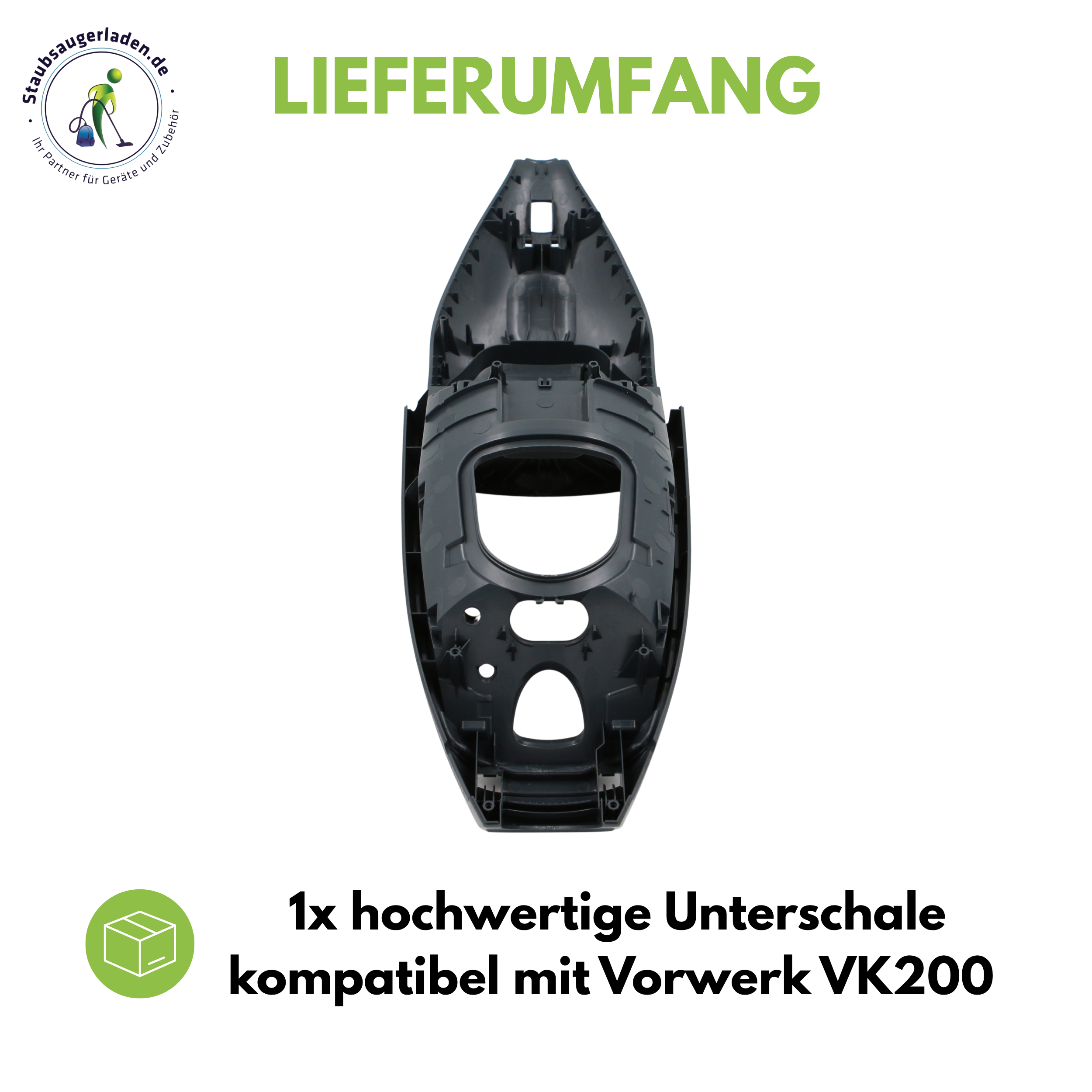 Graue Unterschale für Vorwerk VK200 Staubsauger, isoliert auf weißem Hintergrund.