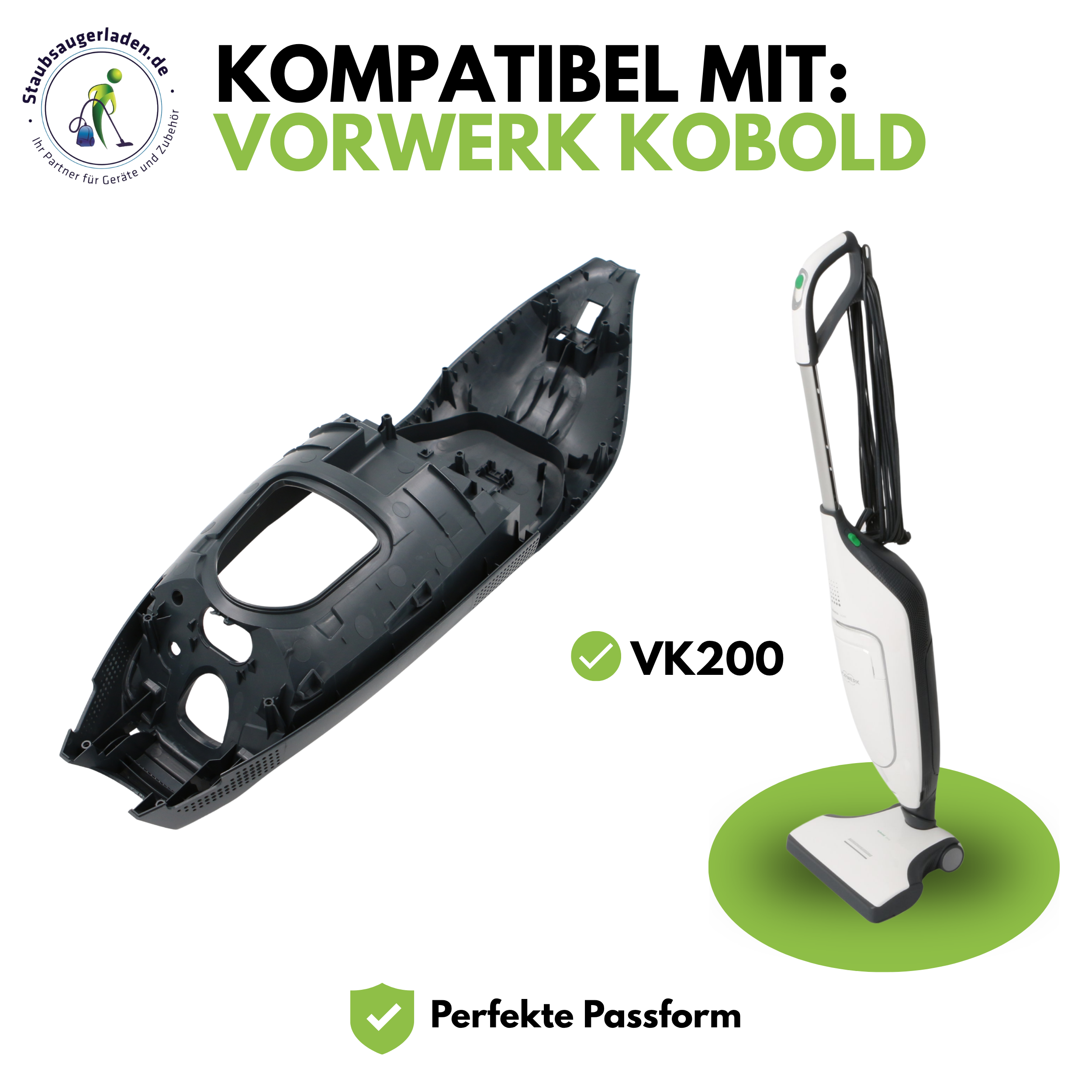 Graues Staubsaugergehäuse für Vorwerk Kobold VK200 mit komplettem Staubsauger auf grünem Grund.