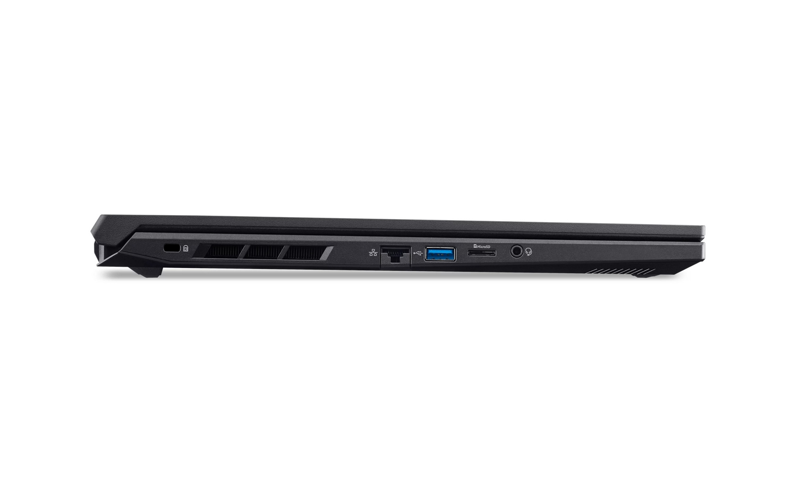 Lato destro di un laptop nero che mostra varie porte, slot di ventilazione e una connessione USB.