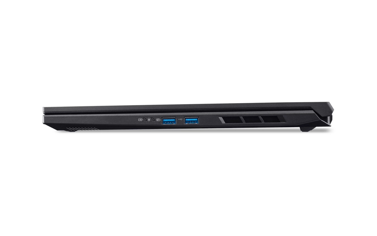 Vista laterale di un laptop nero con due porte USB blu e fessure di ventilazione.