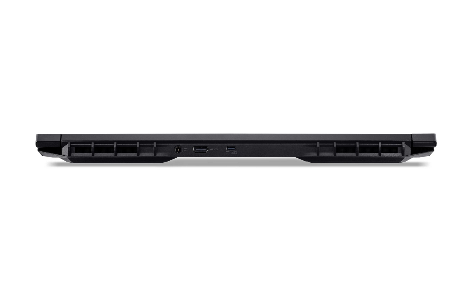 Vista posteriore di un laptop nero con porte e griglie di ventilazione su sfondo bianco.