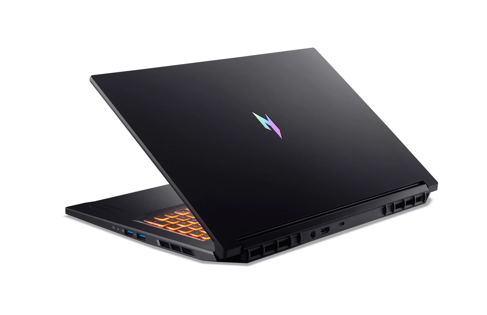 Un computer portatile da gioco nero con logo illuminato e tastiera retroilluminata su sfondo bianco.