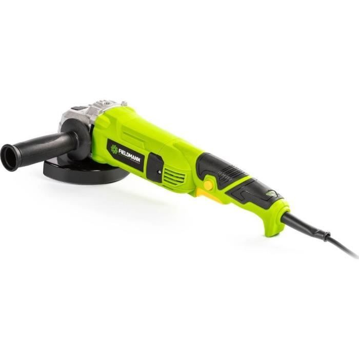 Una amoladora angular verde neón con mango negro y cable de alimentación sobre fondo blanco.