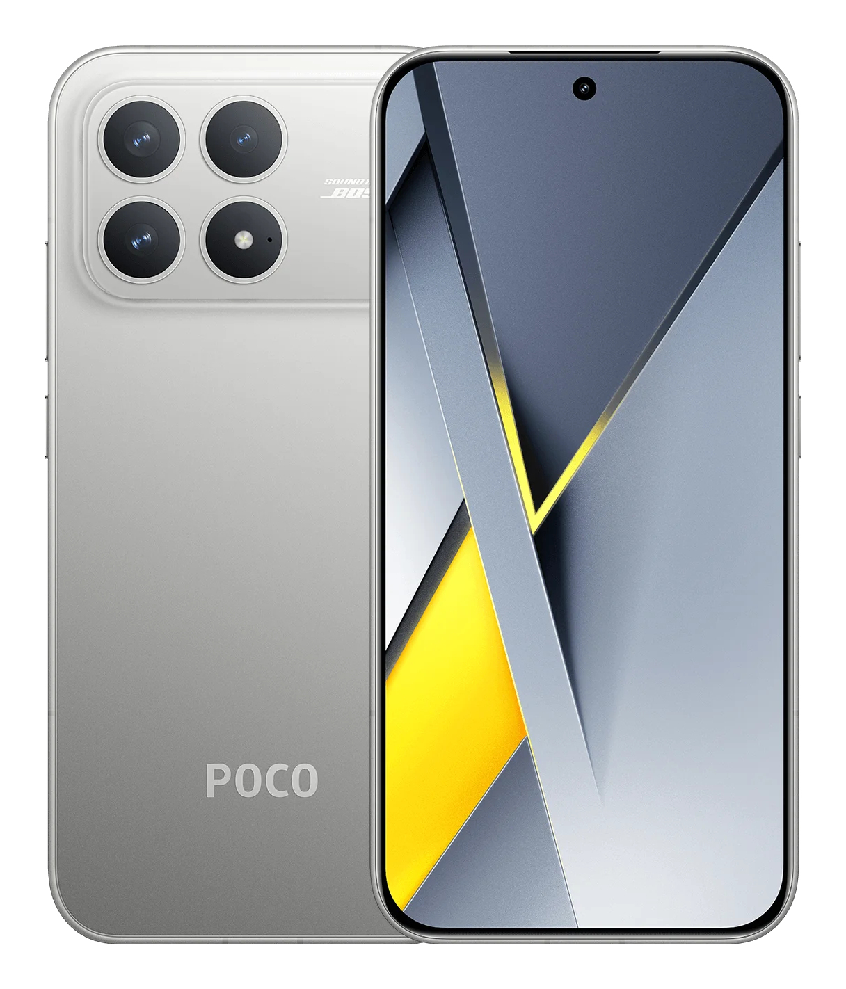 Smartphone POCO argento, quattro fotocamere posteriori, schermo geometrico.