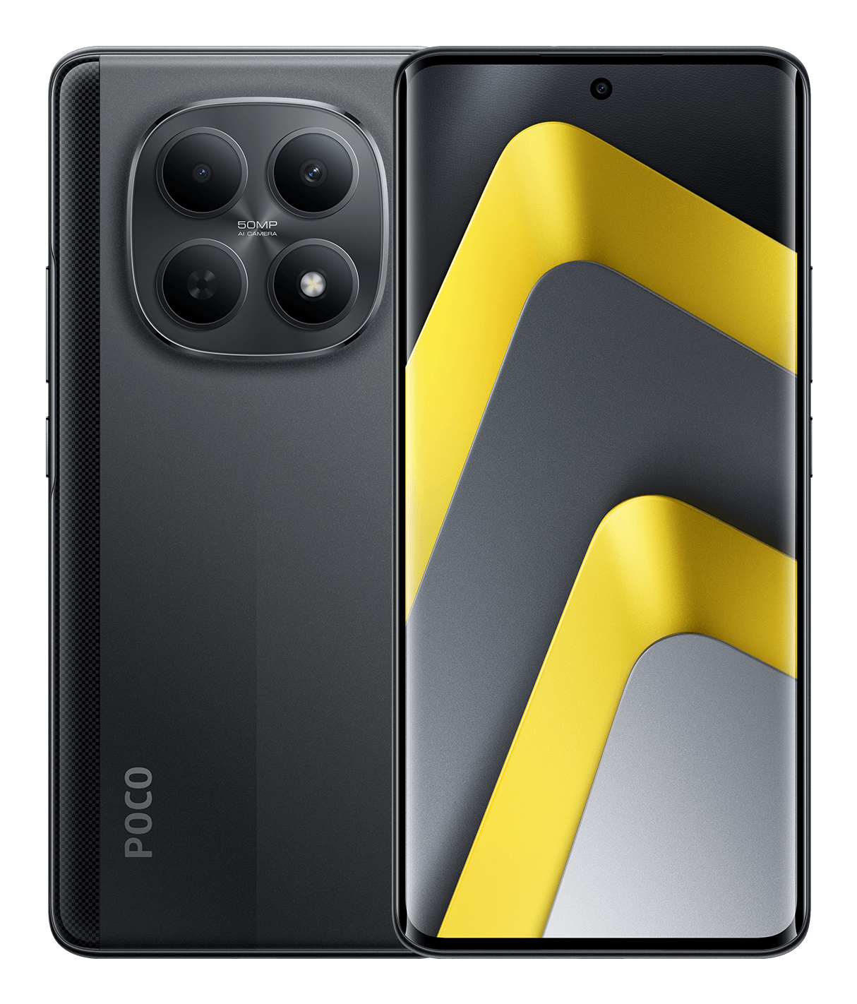 Vista anteriore e posteriore di uno smartphone POCO grigio con modulo a quattro fotocamere e schermo giallo.