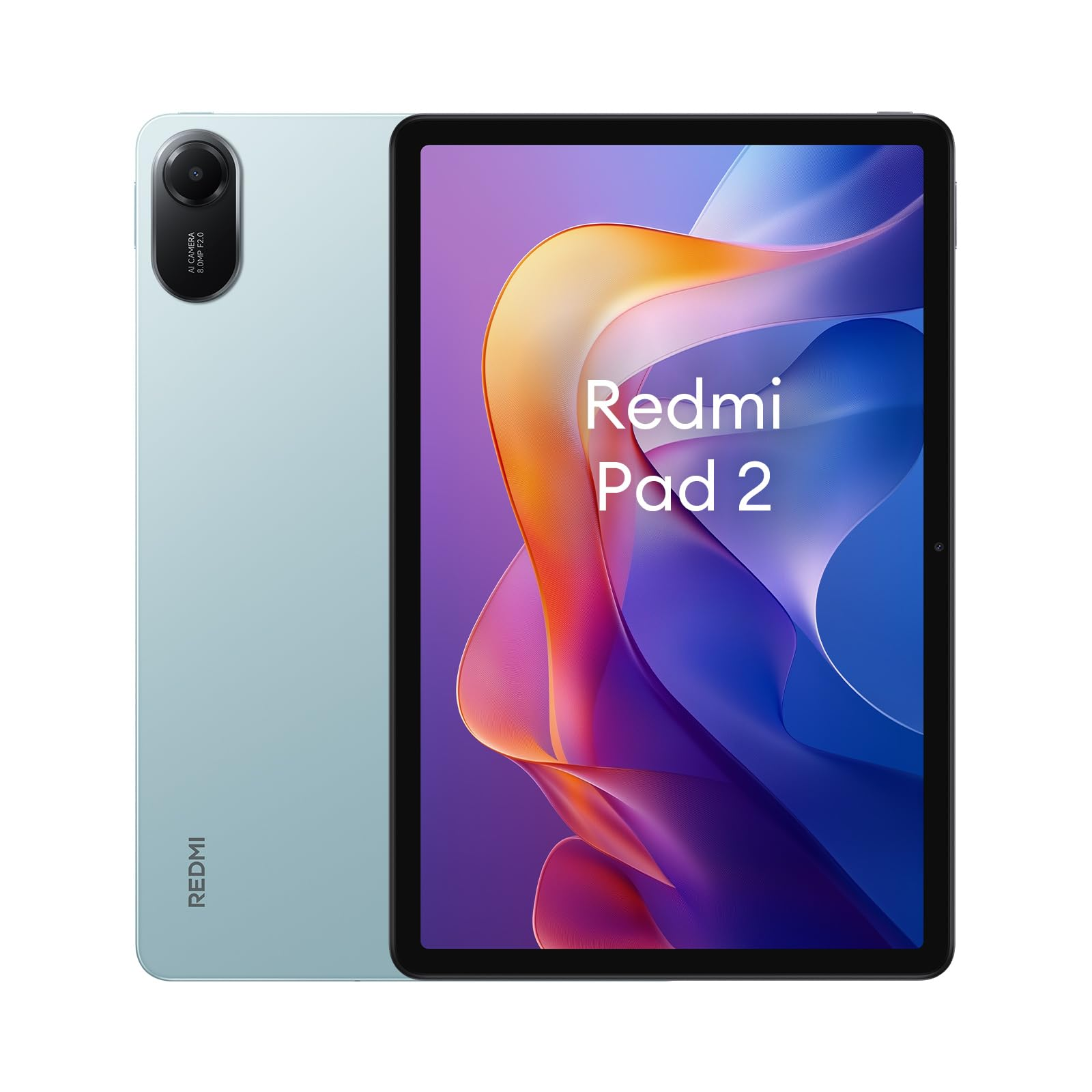 Redmi Pad 2 in Hellblau, gezeigt mit Vorder- und Rückseite.