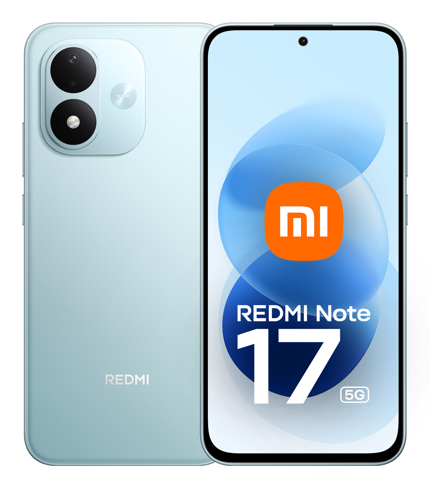 Smartphone Redmi Note 17 5G azzurro con schermo anteriore e logo Xiaomi e doppia fotocamera posteriore.
