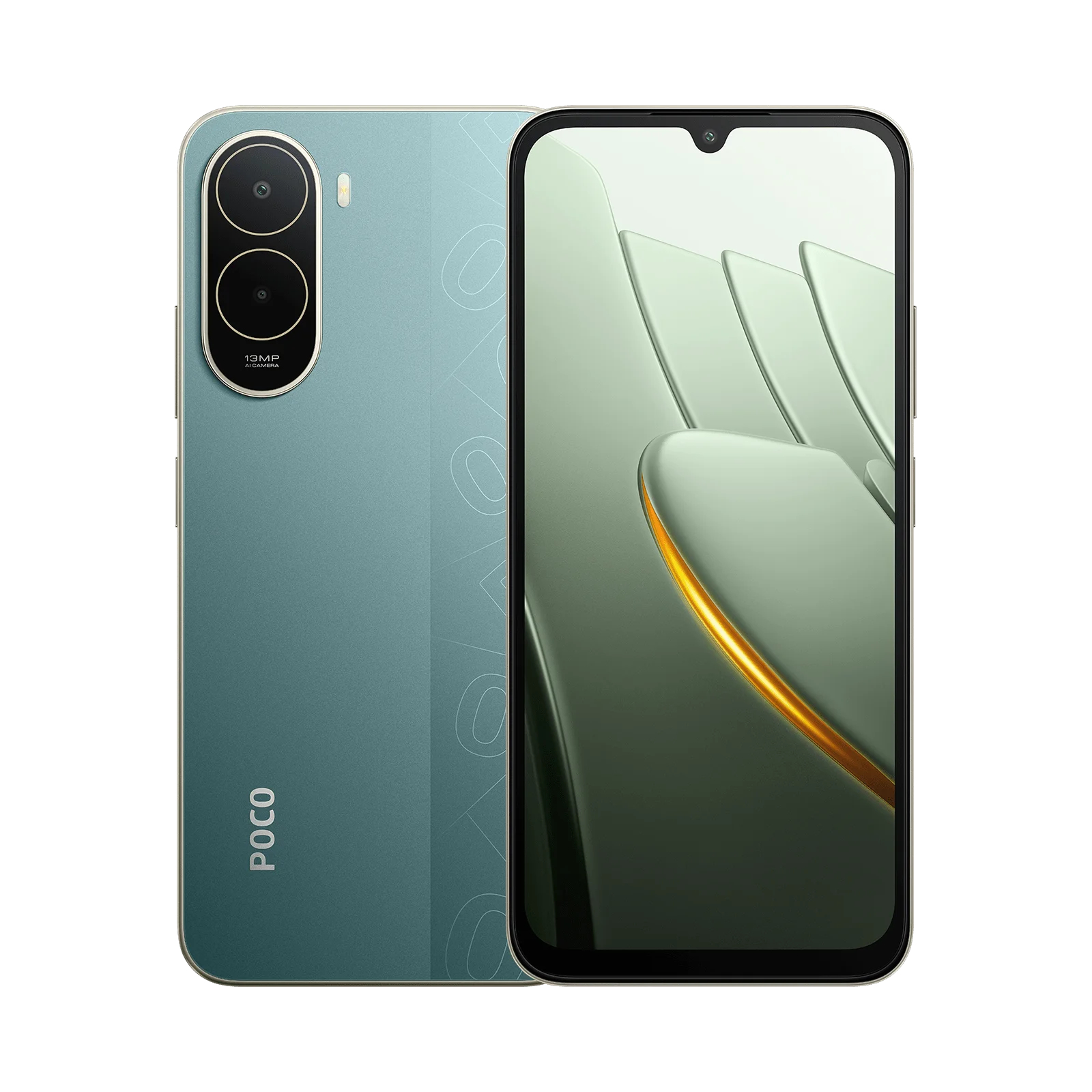 Smartphone POCO verde con doppia fotocamera posteriore e schermo luminoso ondulato.