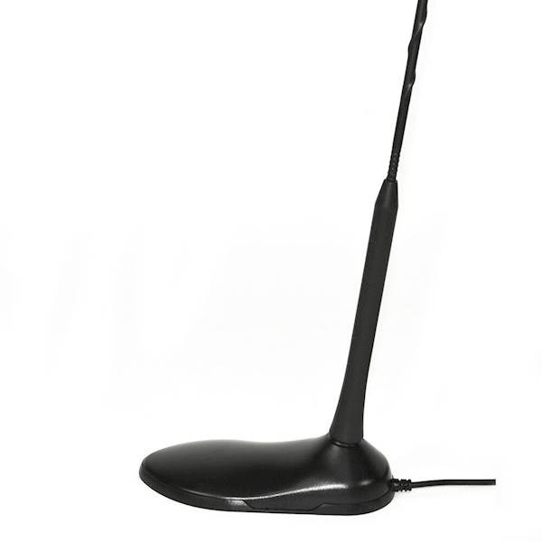 Eine schwarze Autoantenne mit ovalem Fuß und langem Stab vor weißem Hintergrund.