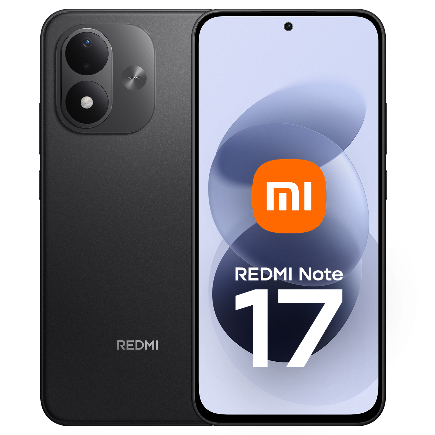 Smartphone negro Redmi Note 17 con doble cámara trasera y el logo de Xiaomi en la pantalla.