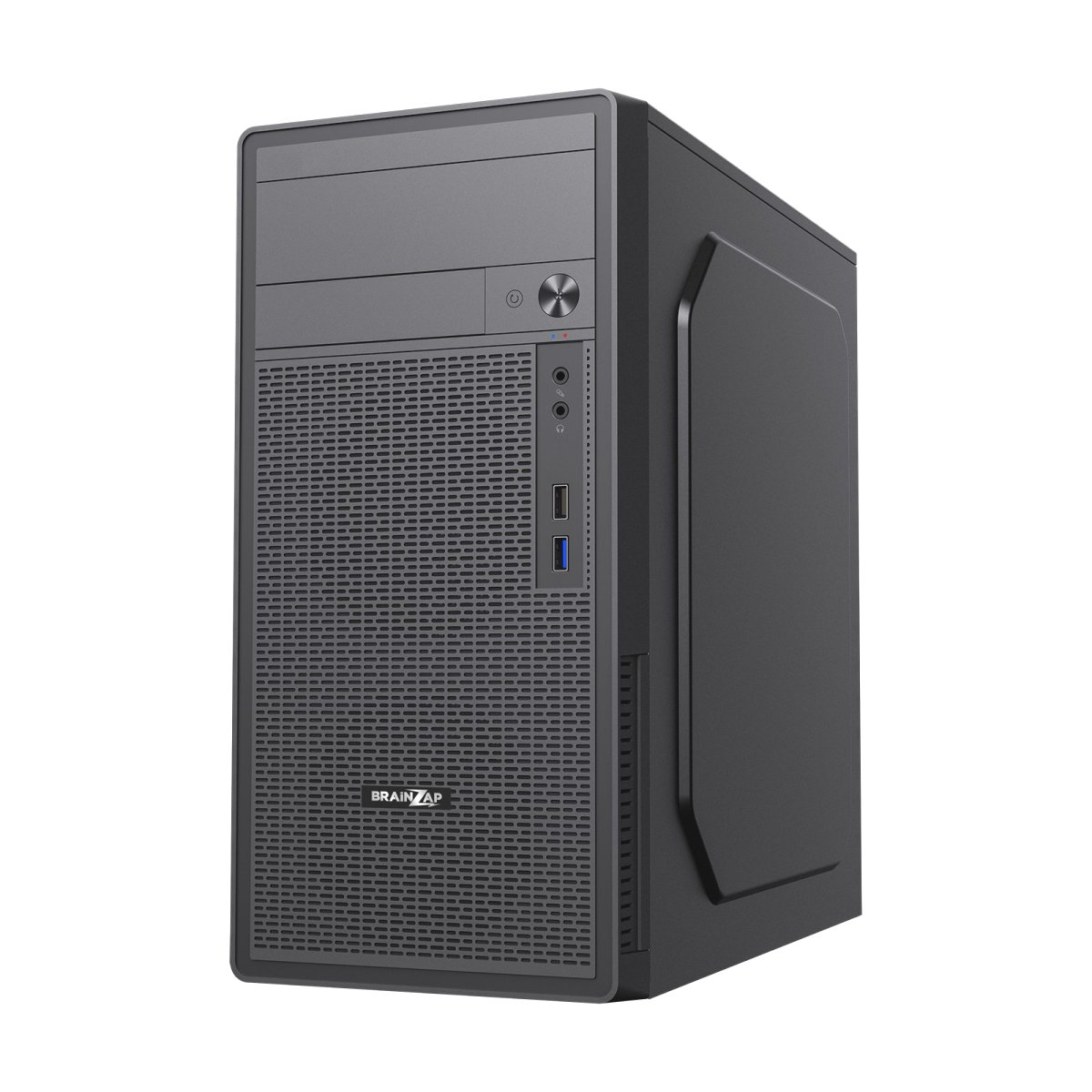 Ein schwarzer Desktop-PC mit Frontanschlüssen und perforierter Frontplatte gegen weißem Hintergrund.