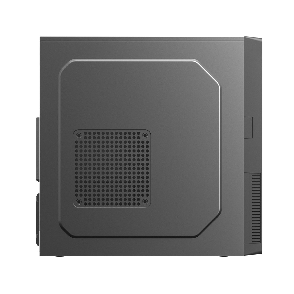 Ein grauer PC-Gehäuseseitenpanel mit Lüftungsgitter auf weißem Hintergrund.