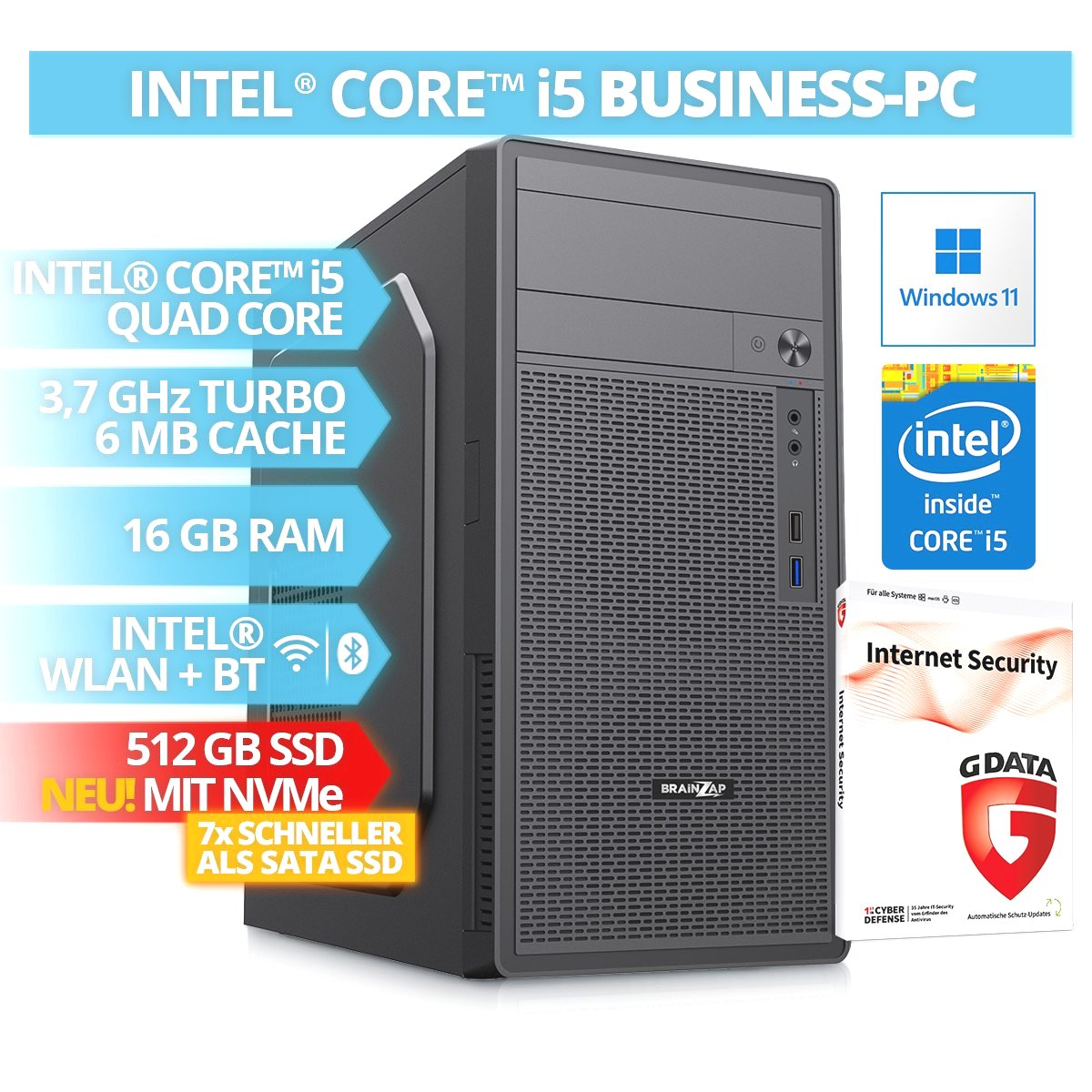Intel Core i5 Business-PC mit Windows 11, SSD, 16 GB RAM und Internet Security.