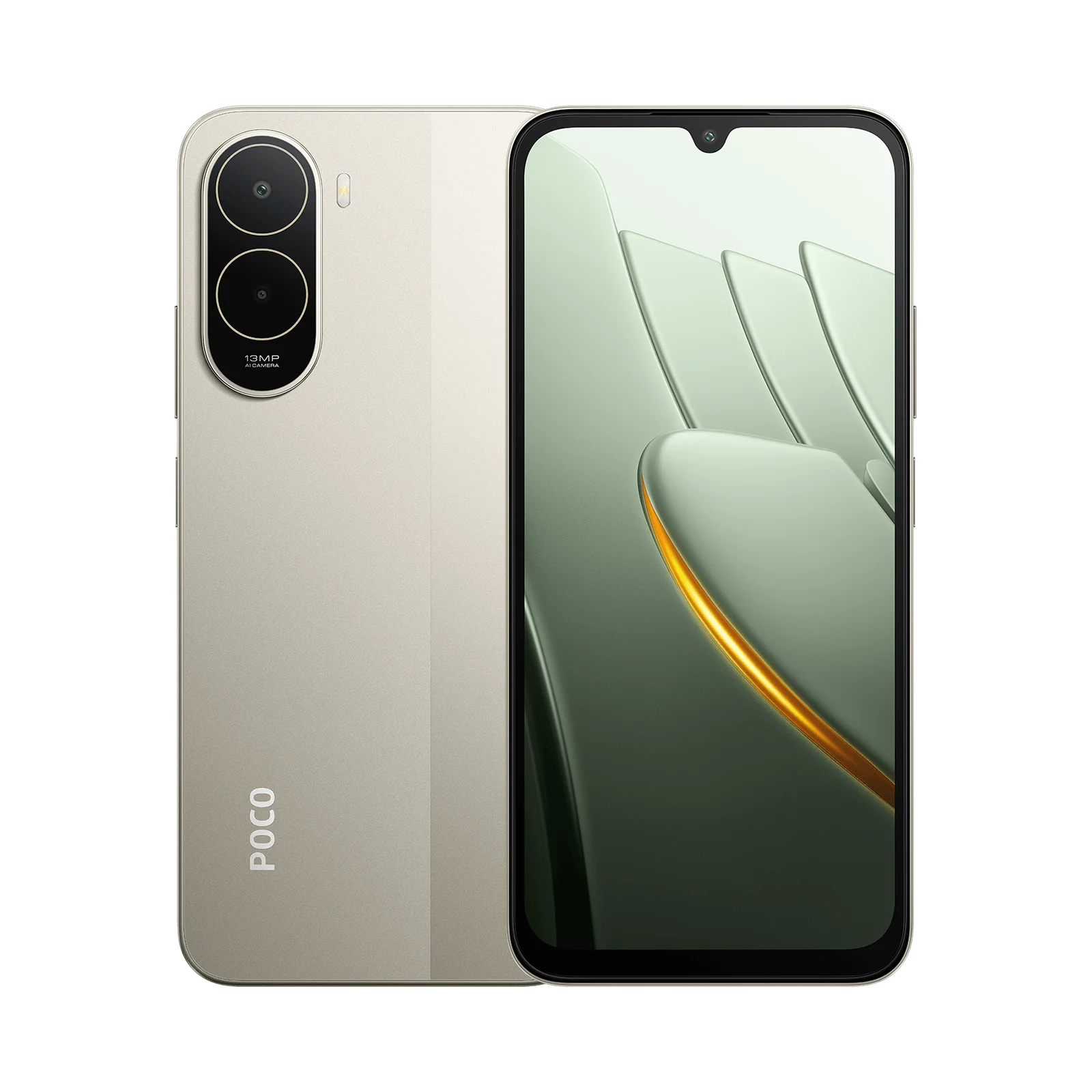 Smartphone Poco dorato che mostra fronte e retro con doppia fotocamera da 13 MP e logo.