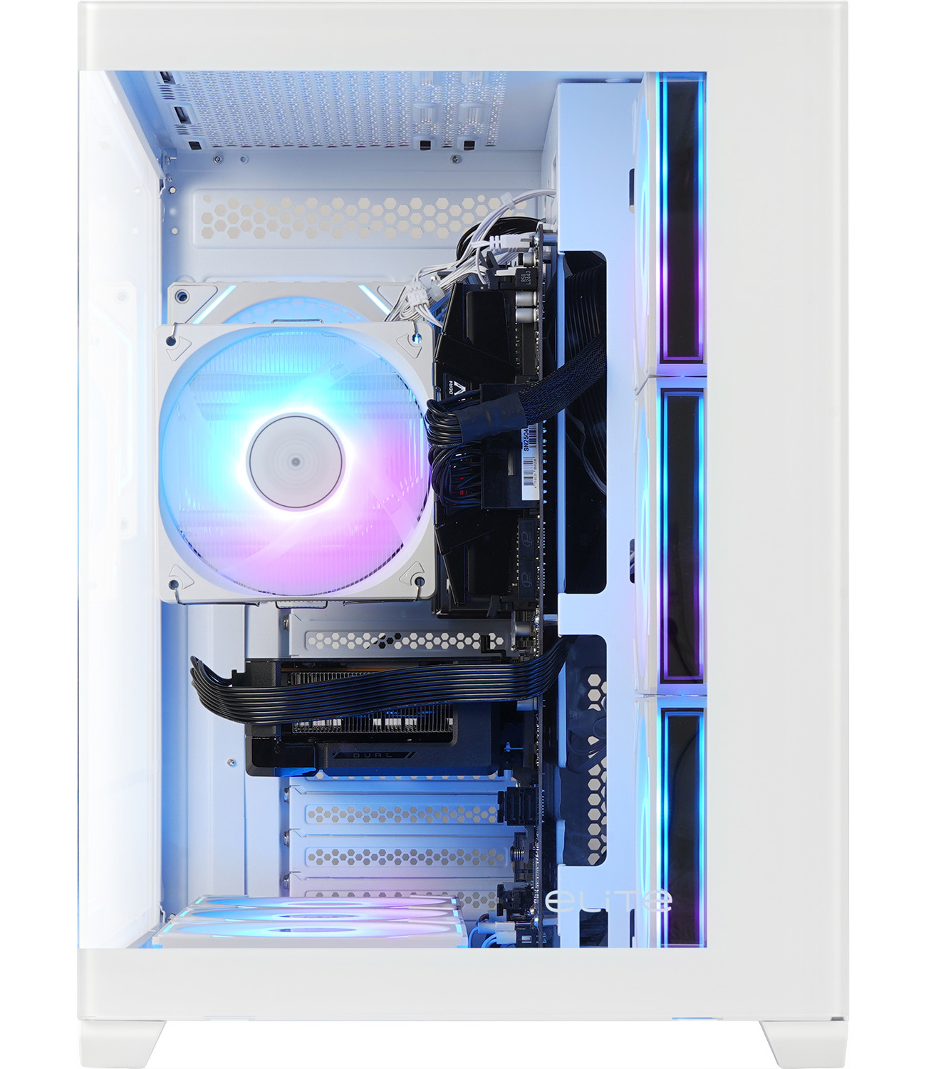 Binnenkant van een witte pc-behuizing met kleurrijke RGB-fans en nette kabels.