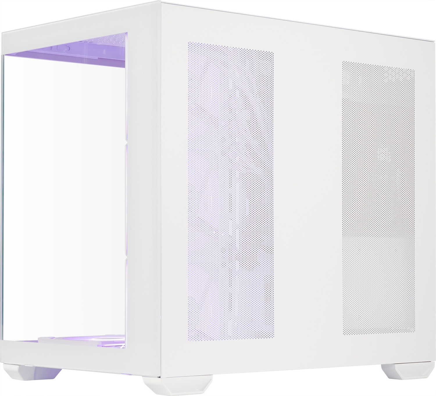 Een witte computerbehuizing met glazen voorzijde en ventilatieroosters aan de zijkant.