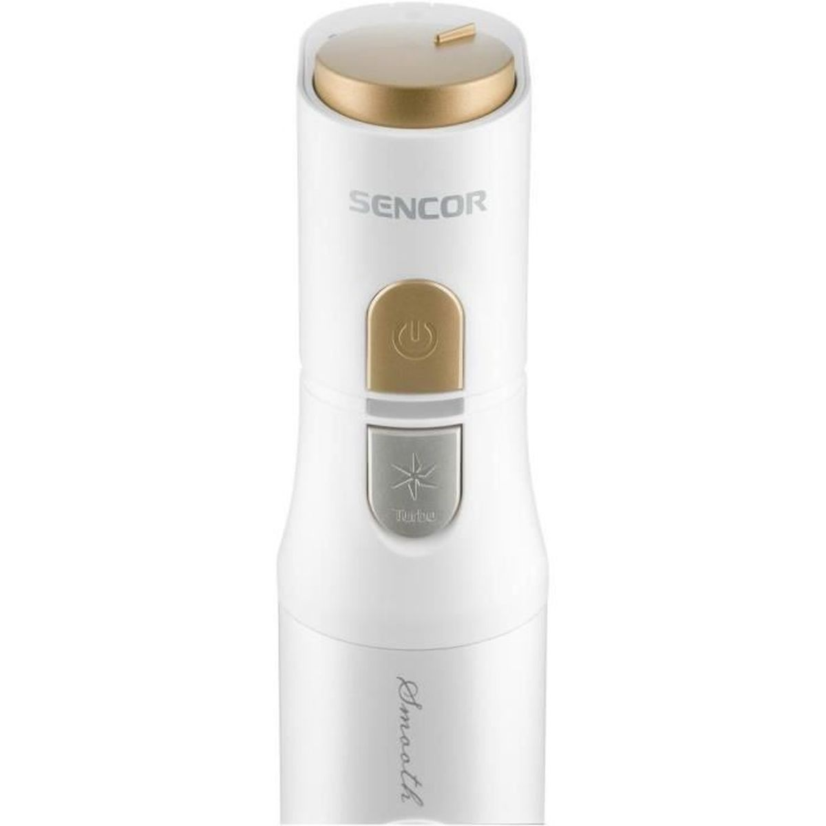 Ein weißer Sencor Handmixer mit goldenen Knöpfen und Kappe.