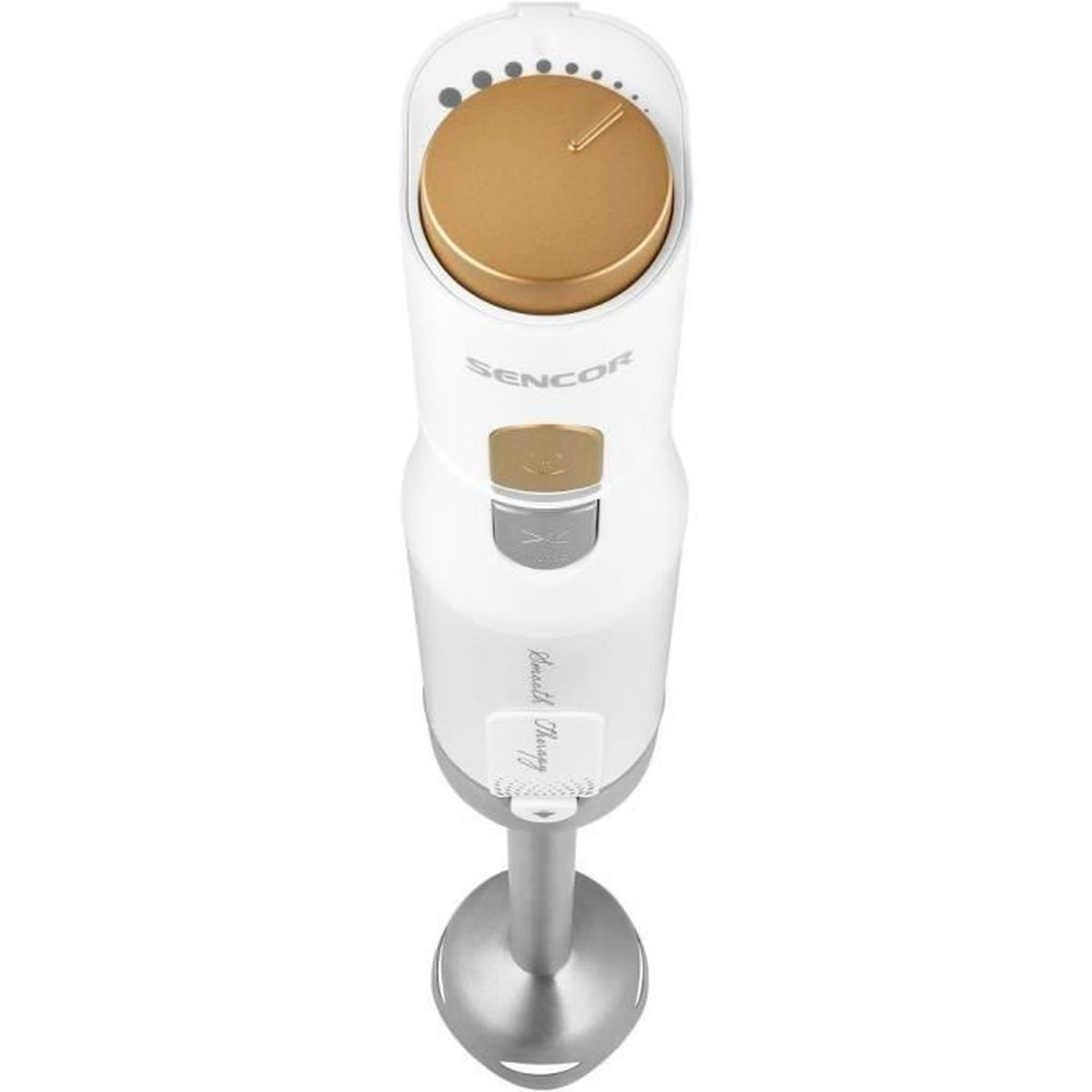 Ein weißer Stabmixer mit goldenen Knöpfen und einem silbernen Fuß.