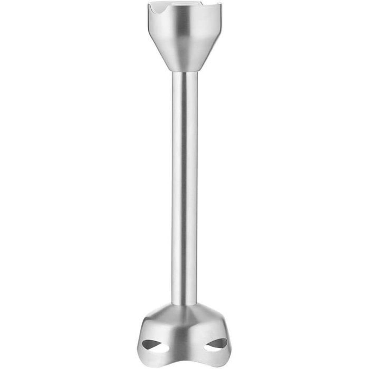 Ein silberner Stabmixer-Aufsatz aus Edelstahl auf weißem Hintergrund.