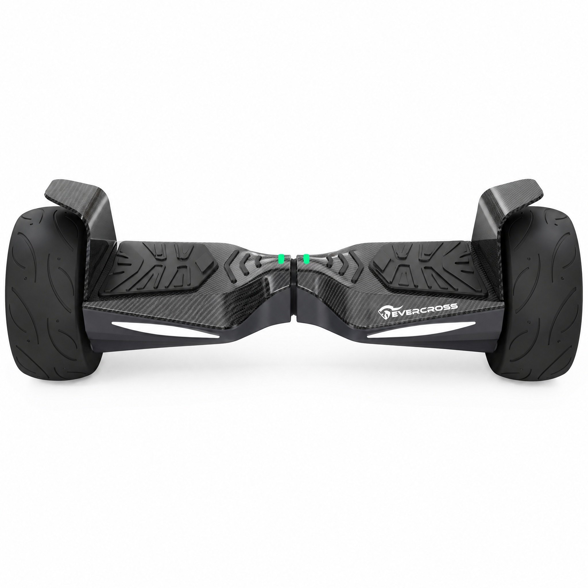 Ein schwarzes Evercross-Hoverboard mit groen Gummirdern und Kohlefaserstruktur auf weiem Hintergrund.