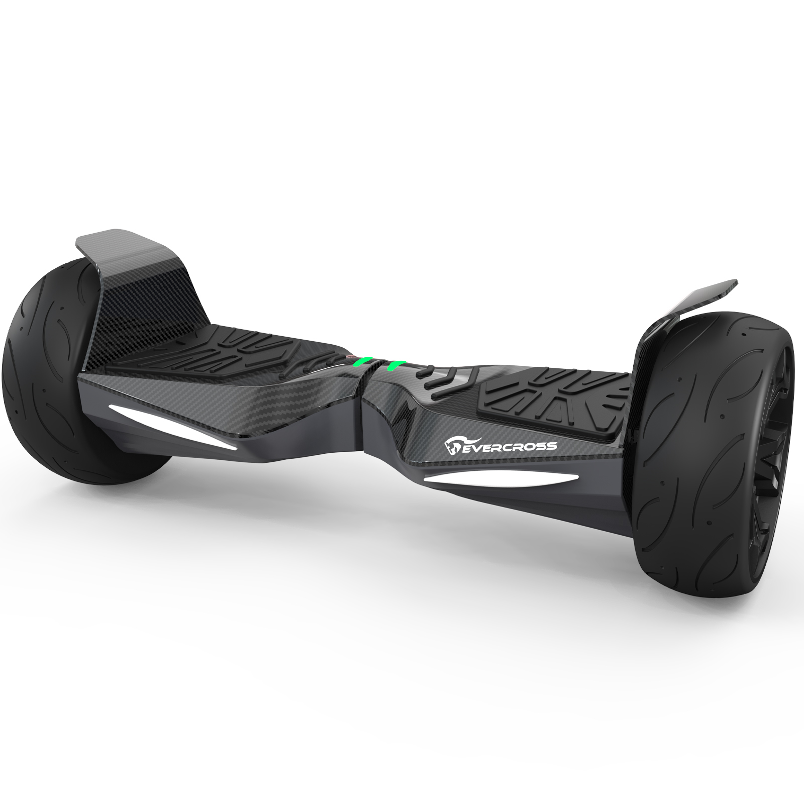 Schwarzes Evercross Hoverboard mit großen Geländerädern und LED-Lichtern auf weißem Hintergrund.