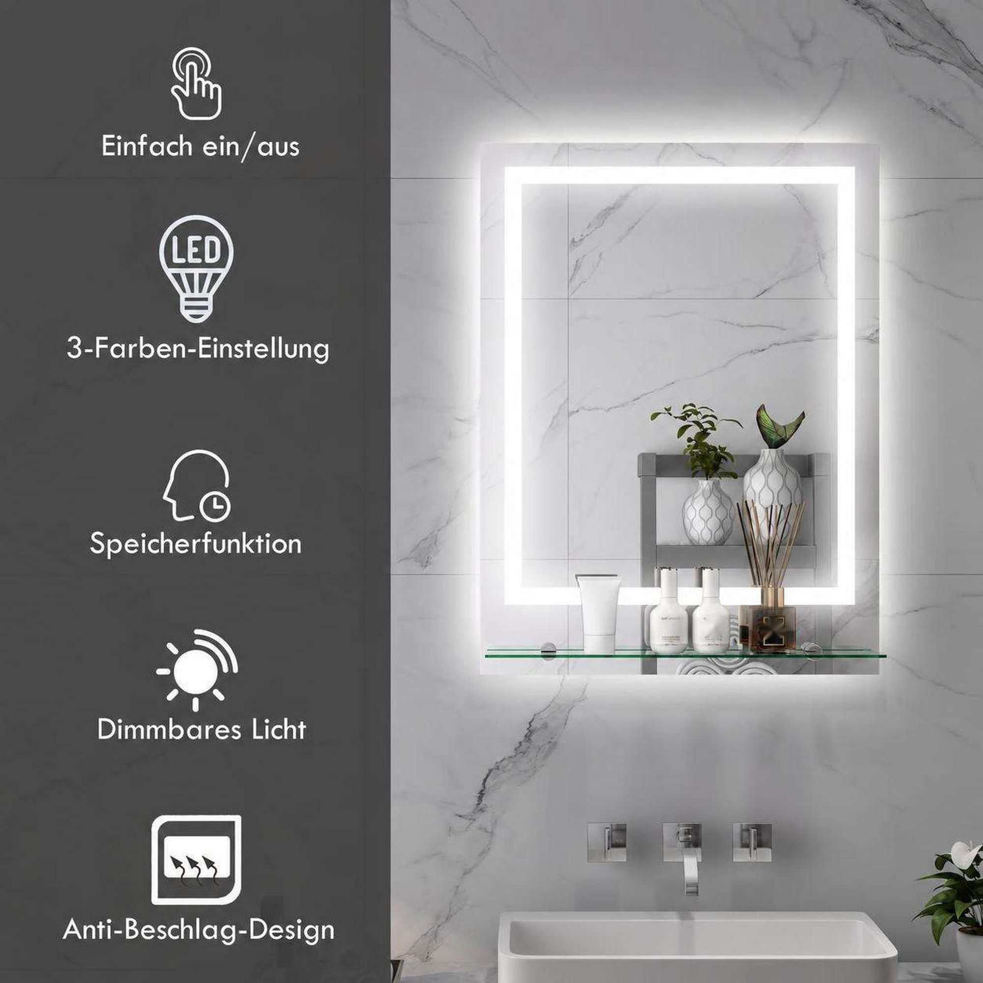 Beleuchteter Badezimmerspiegel mit Glasablage, Waschbecken und Icons für Touch, LED, Speicher, Dimmbar, Anti-Beschlag.