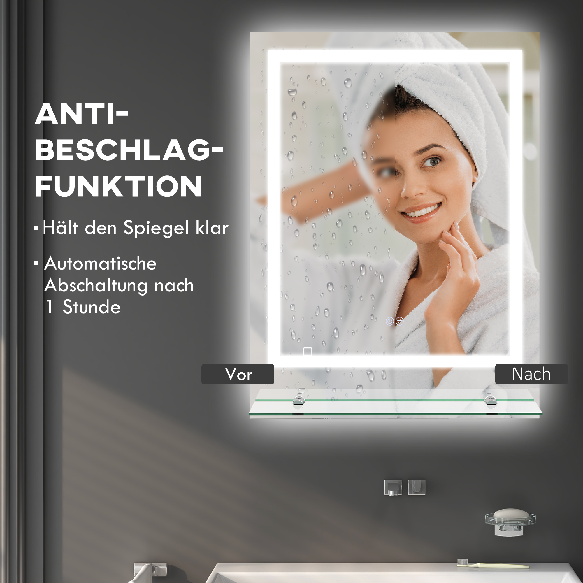 Ein beleuchteter Badezimmerspiegel mit Anti-Beschlag-Funktion und einer Frau im Hintergrund.