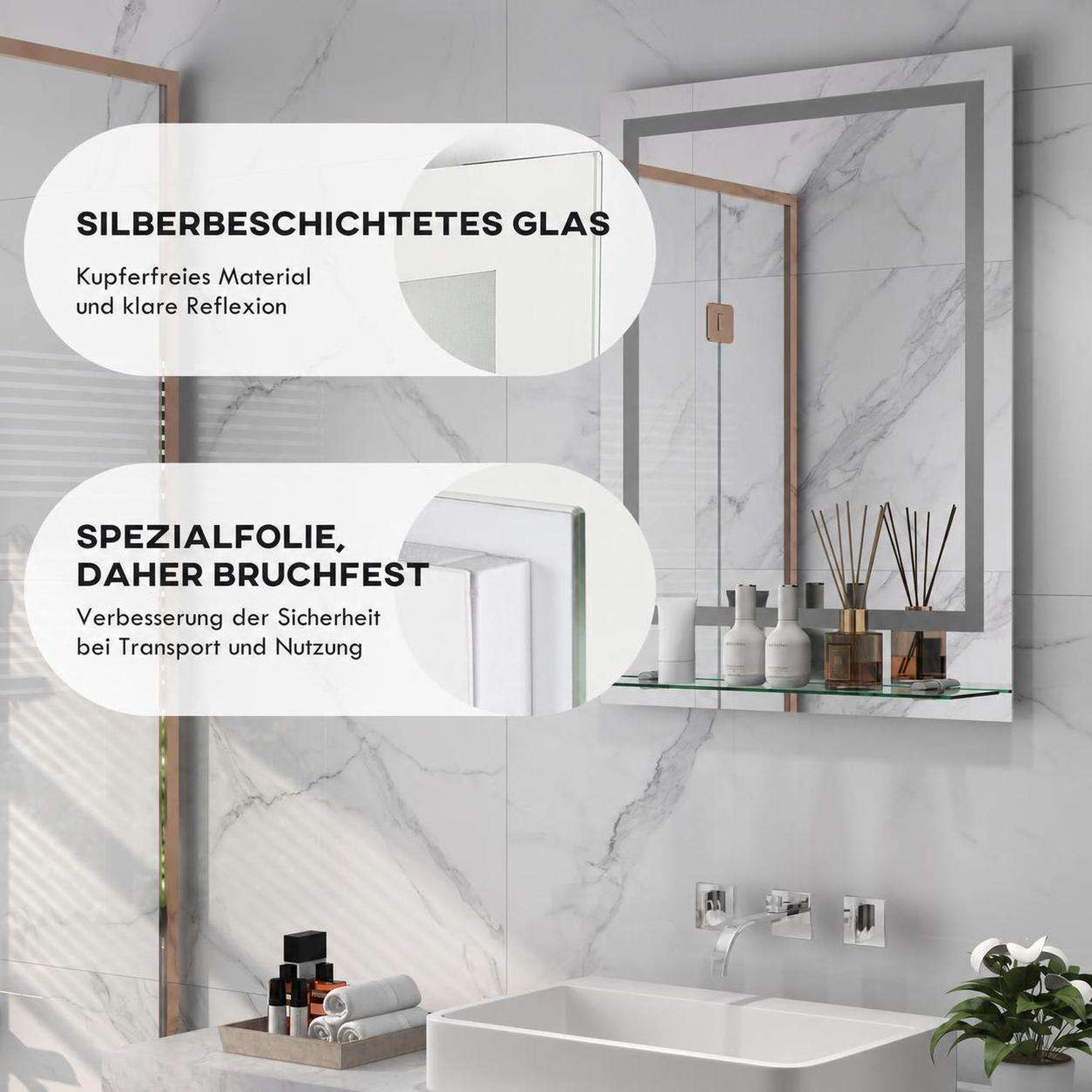 Badezimmerspiegel mit silberbeschichtetem Glas und bruchfester Spezialfolie, mit Infotexten auf Deutsch.