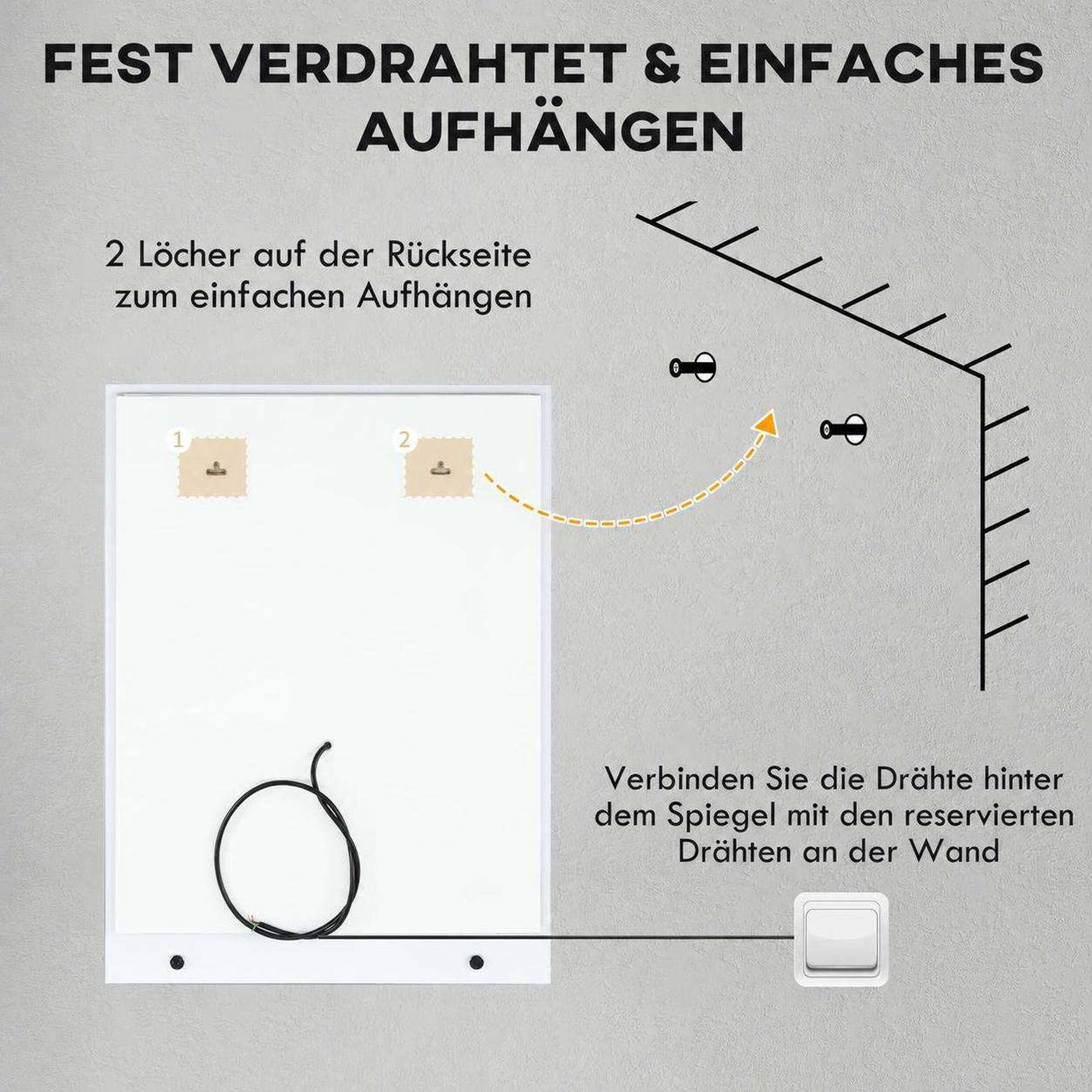 Diagramm zeigt die Wandmontage und Verkabelung eines Spiegels.