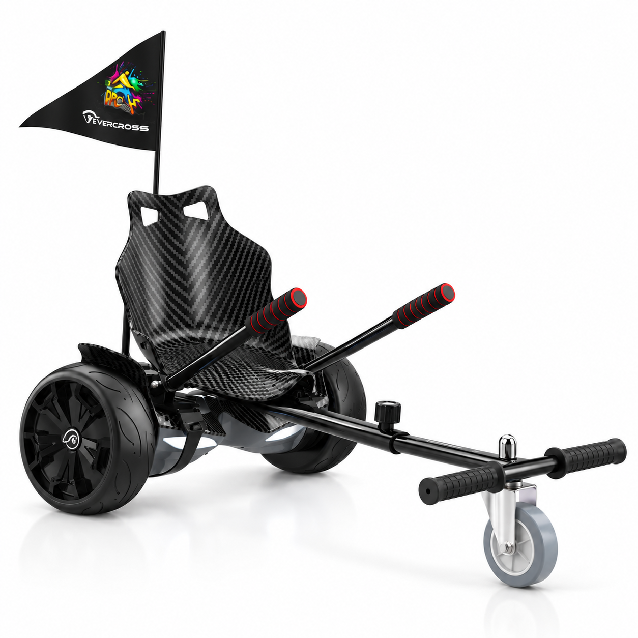 Ein schwarzes Hoverboard-Kart mit Kohlefaser-Sitz, zwei Griffen und einer bunten Flagge auf weißem Hintergrund.