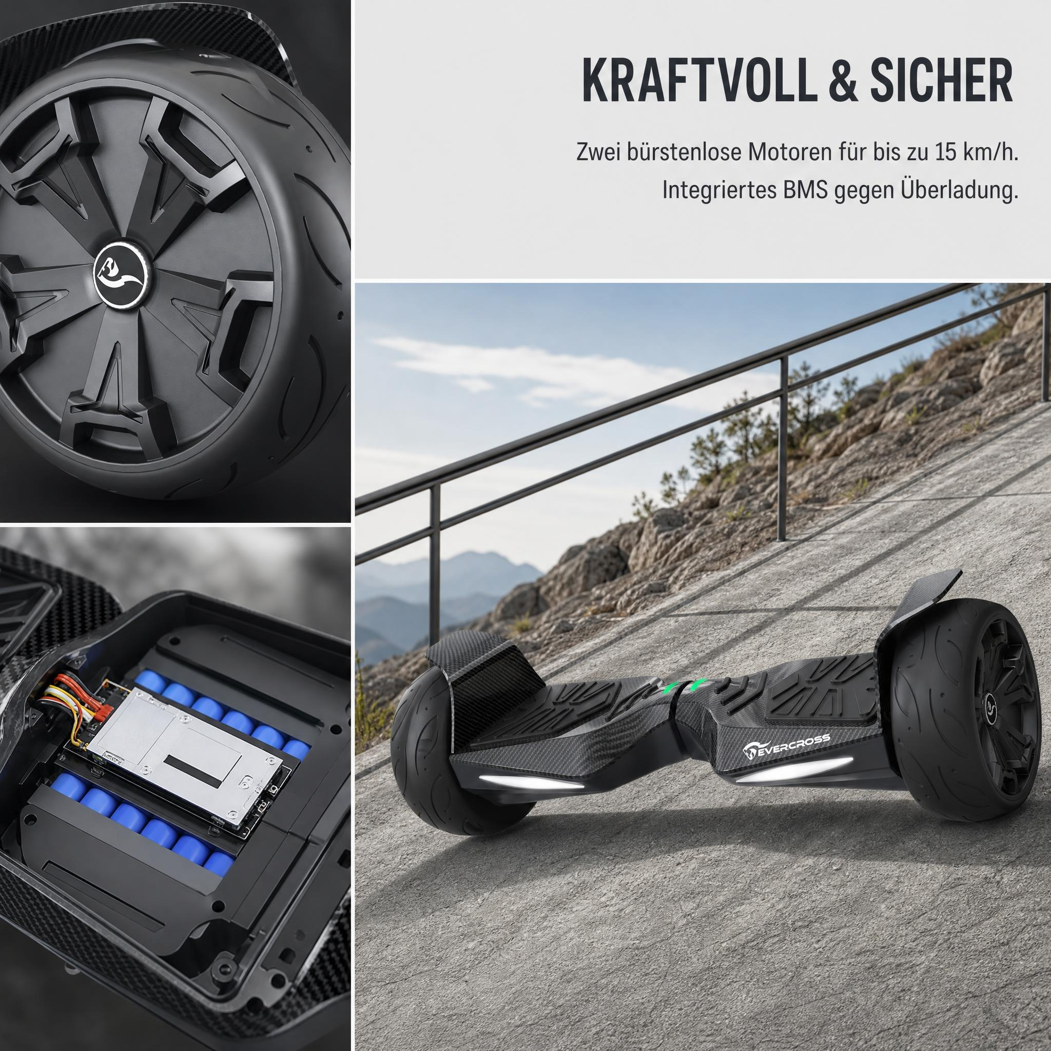 Ein schwarzes Hoverboard auf einer Betonrampe mit Blick auf Berge. Links Nahaufnahmen von Rad und Akku.