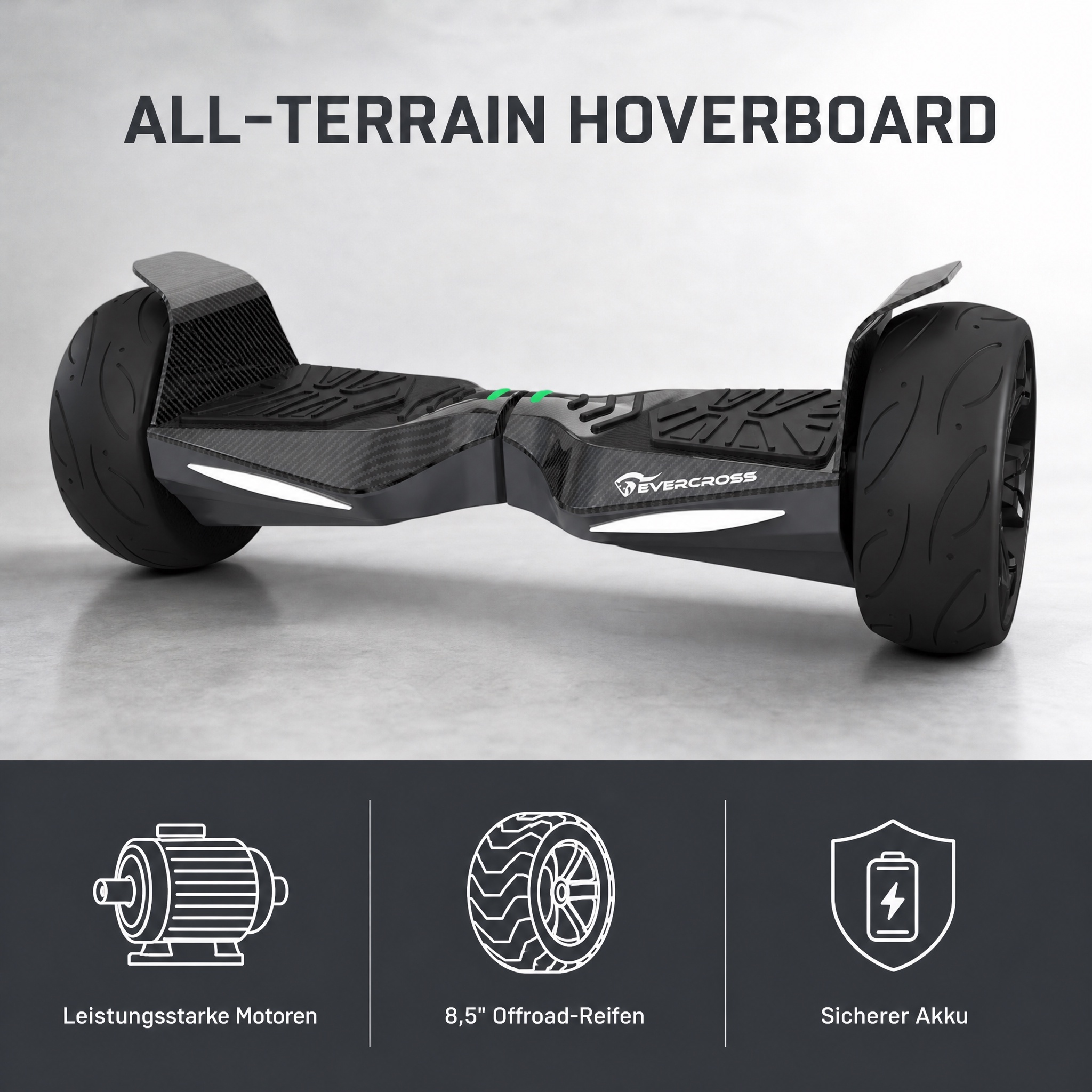 Ein schwarzes All-Terrain-Hoverboard auf hellem Grund mit drei Icons für Motoren, Reifen und Akku.