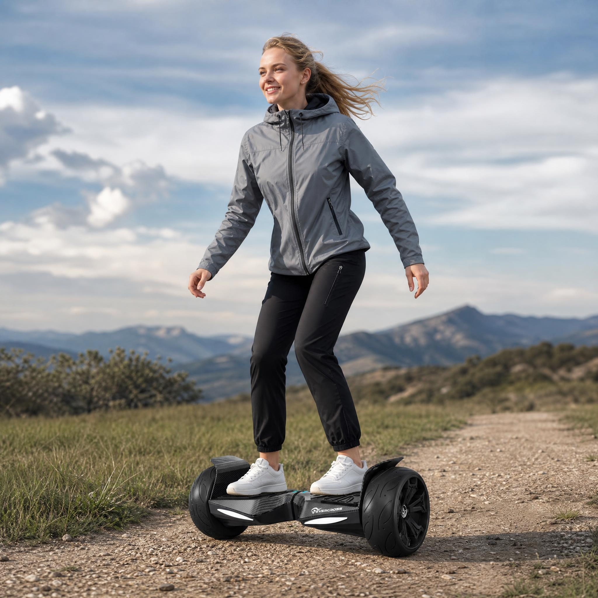 Eine blonde Frau fährt auf einem Geländehoverboard einen Schotterweg in bergiger Landschaft.